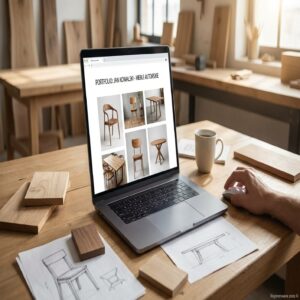 Laptop z portfolio projektanta mebli, szkice i próbki drewna na stole.