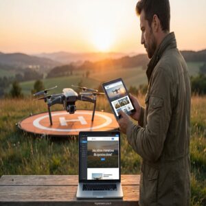 Mężczyzna z tabletem i laptopem, dron na lądowisku, zachód słońca.