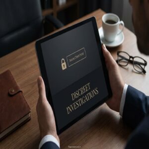 Mężczyzna trzyma tablet z napisem "Secure Client Portal" i "DISCREET INVESTIGATIONS".