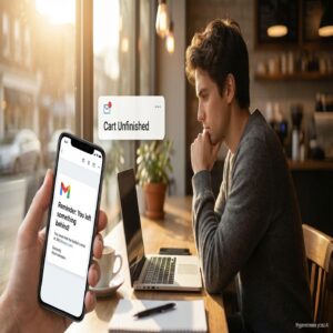 Mężczyzna z laptopem w kawiarni, trzyma telefon z powiadomieniem o niedokończonym koszyku.