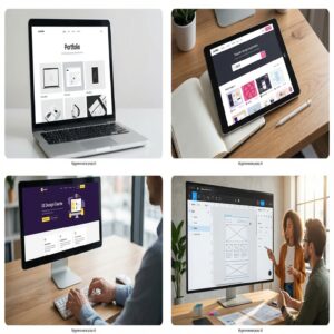 Projektanci UX/UI pracujący na laptopie, tablecie i monitorach, tworzący strony internetowe.