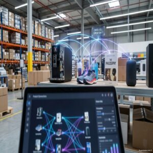 AI analizuje powiązania produktów w magazynie: ekspres, buty, głośnik, książka.