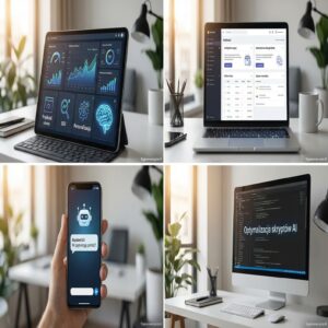 Asystenci AI optymalizujący stronę i sklep online: tablet, laptop, smartfon, monitor z kodem.