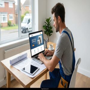 Mężczyzna w kombinezonie pracuje na laptopie. Na ekranie strona o usługach HVAC.
