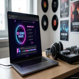 Laptop z otwartą stroną DJ Sonic Wave, słuchawki i kontroler DJ na drewnianym biurku.