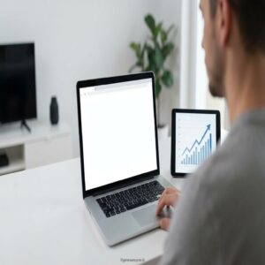 Mężczyzna pracuje na laptopie i tablecie z wykresem wzrostu, w tle telewizor i roślina.