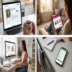 Laptop, tablet, komputer i smartfon z aplikacjami dla opiekunek dziecięcych.