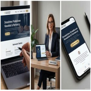 Strona internetowa doradcy podatkowego na laptopie, tablecie i smartfonie.