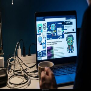 Laptop z artykułem o AI i Frankensteinie, obok kubek kawy i plątanina kabli.