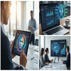 Mężczyzna analizuje profil psychologiczny klienta na tablecie, zespół omawia konwersję sprzedaży.