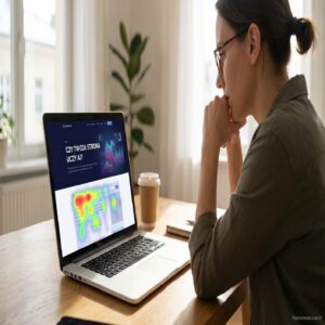 Kobieta patrzy na laptopa z mapą ciepła i wykresem danych na ekranie.