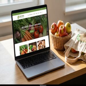 Laptop z otwartą stroną EKO-RAKSA, kosz jabłek, torba na zakupy na drewnianym stole.