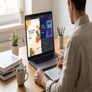 Mężczyzna projektuje stronę internetową na laptopie i tablecie, szkicuje interfejs użytkownika.