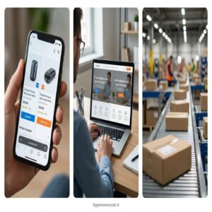 Testy A/B: smartfon z ofertami, laptop z witryną, paczki na taśmie produkcyjnej.