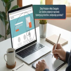 Laptop z projektem strony internetowej z siatką złotego podziału; osoba używa rysika.