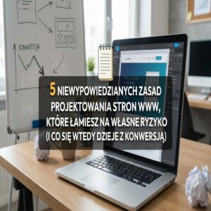Laptop z otwartą stroną internetową, tablica z wykresem konwersji i notatnik.