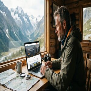 Mężczyzna korzysta z laptopa, na ekranie strona internetowa dla przewodnika górskiego.