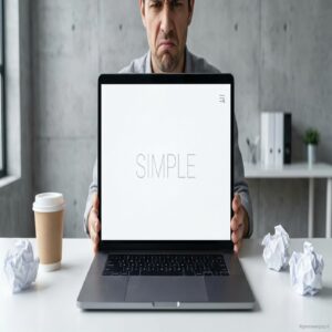 Mężczyzna z niezadowoloną miną trzyma laptop z napisem "SIMPLE". Na biurku kawa i zmięte kartki.