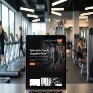 Laptop z otwartą stroną internetową dla klubu fitness na tle siłowni z ludźmi.