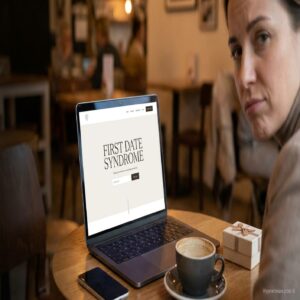 Kobieta patrzy w kamerę, przy laptopie z napisem "FIRST DATE SYNDROME", kawa, telefon, prezent.