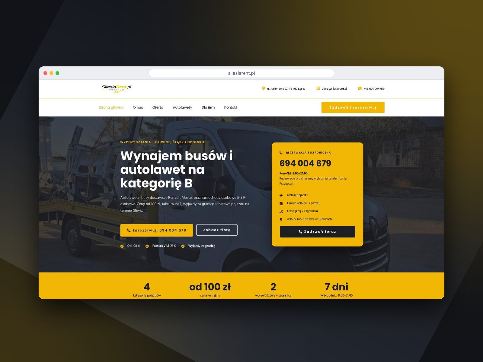 Strona internetowa SilesiaRent.pl – wynajem busów i autolawet, Gliwice