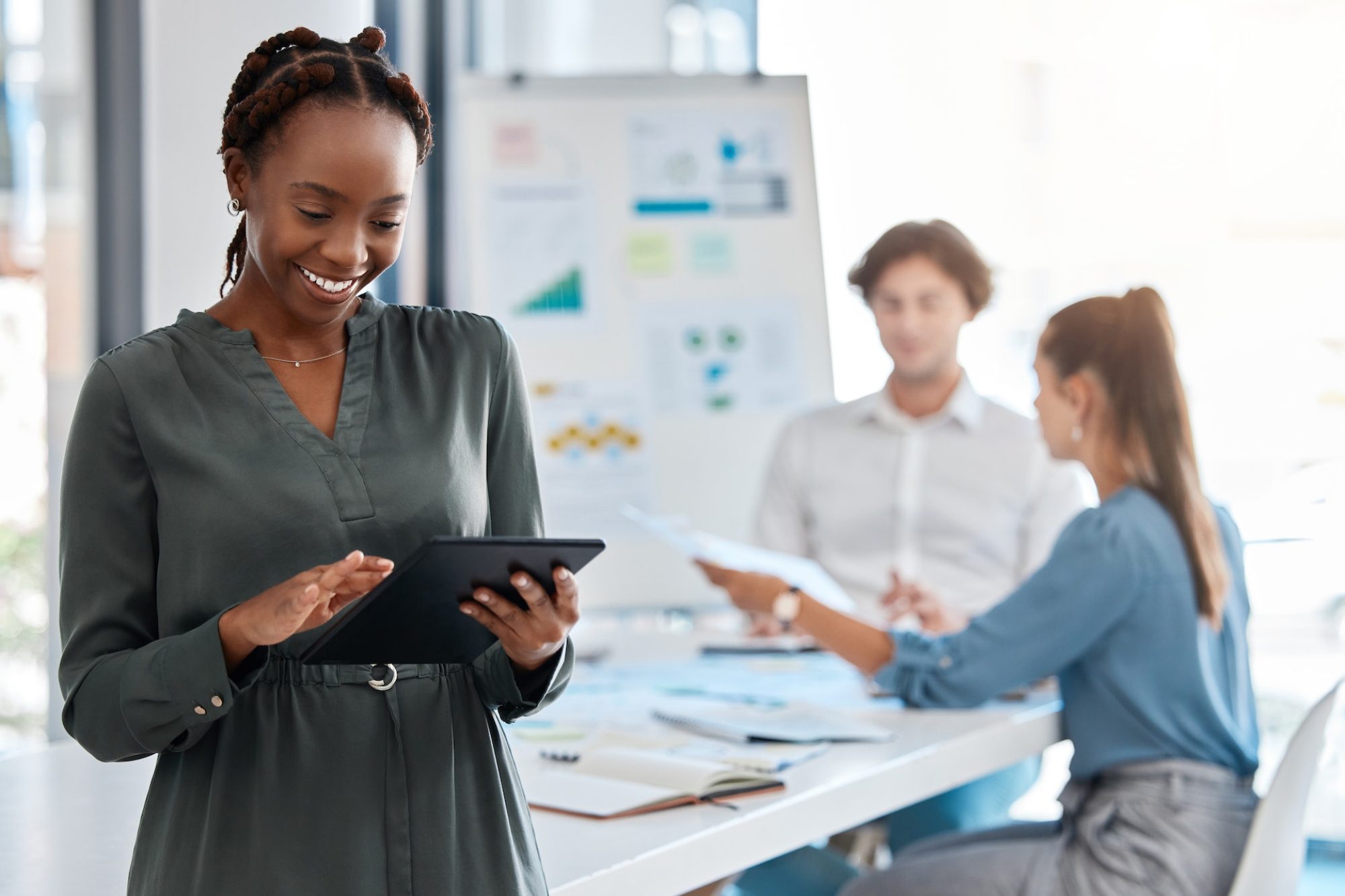 Black woman, business and tablet for new employee in digital marketing startup, advertising company